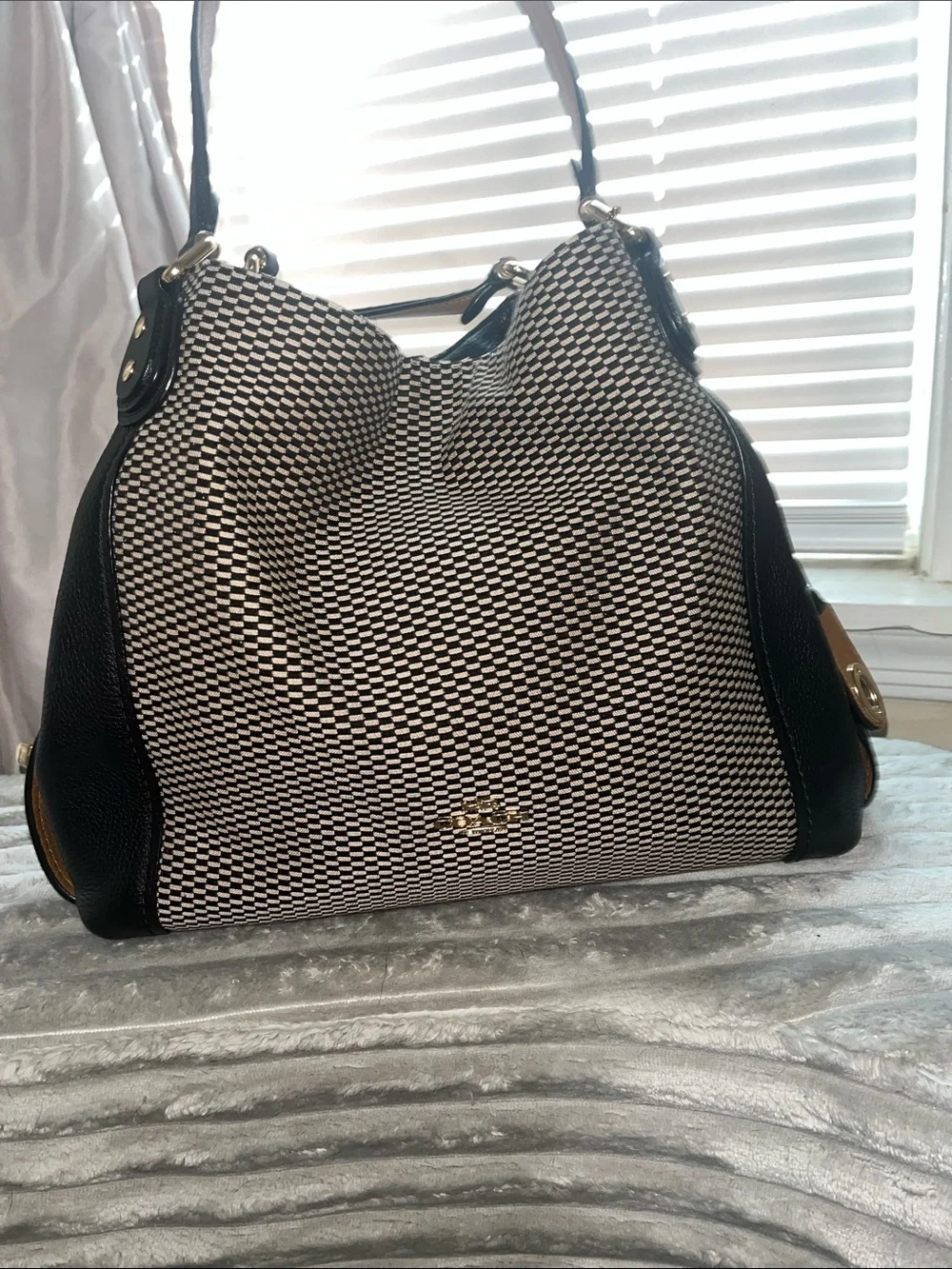 COACH Black & White Patterned Tote Bag with Black Trim